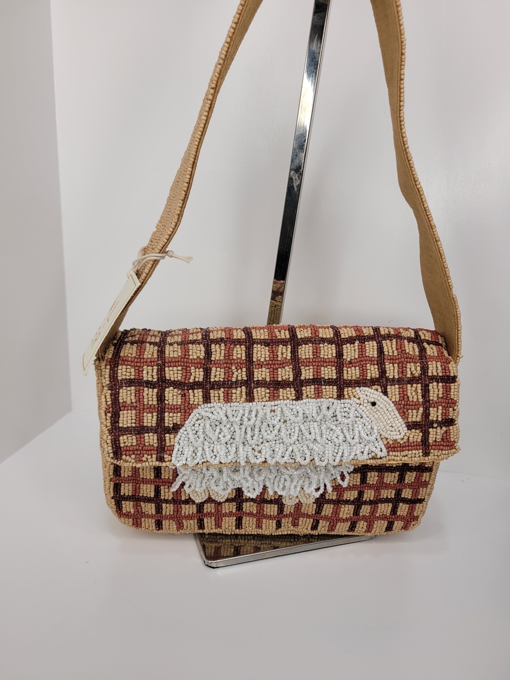 👉✨️ Sol & Mer Beaded Check Shoulder Bag with White Sheep Accent - Beige & Brown